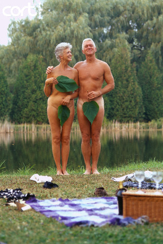Nude Senior Couple Wearing Fig Leaves